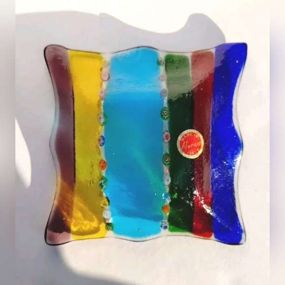 Vintage Murano Italy Millefiori STRIPED Art Glass Trinket Jewelry Dish Square - Picture 5 of 9